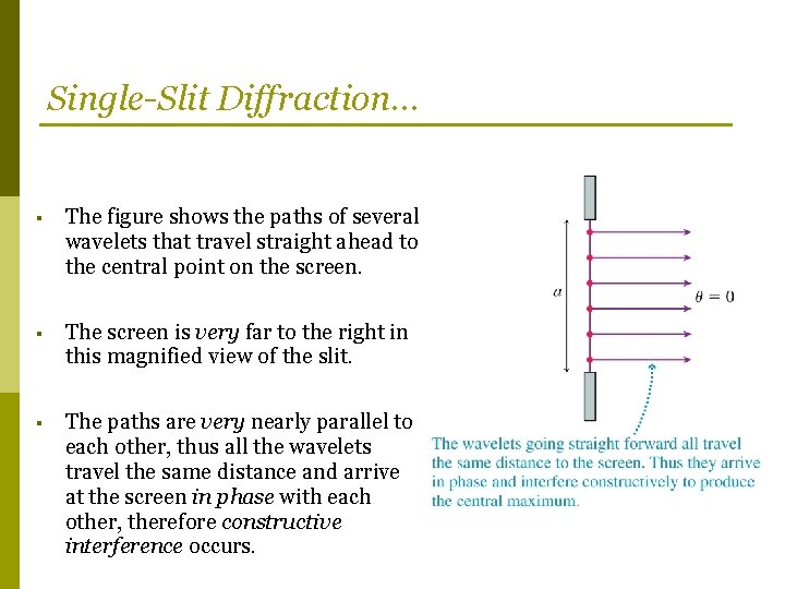 Single-Slit Diffraction… § The figure shows the paths of several wavelets that travel straight