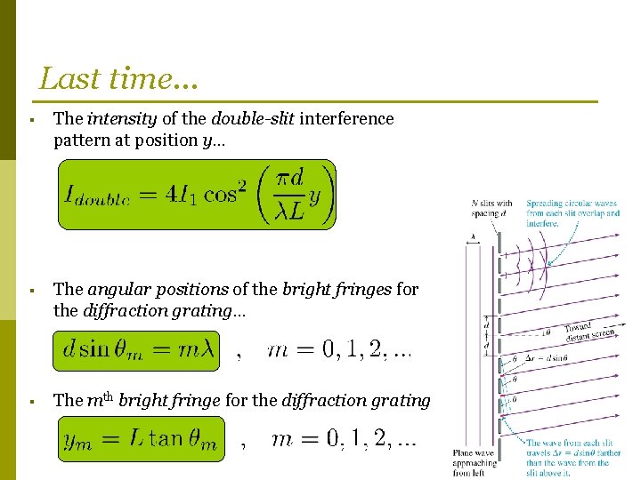 Last time… § The intensity of the double-slit interference pattern at position y… §