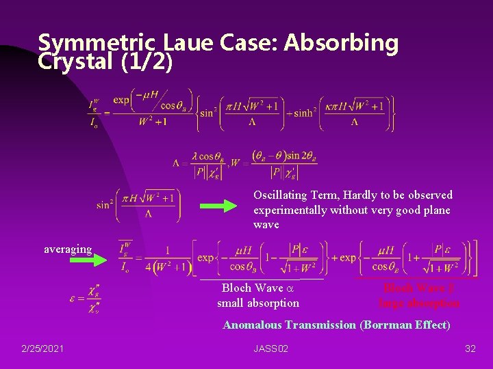 Symmetric Laue Case: Absorbing Crystal (1/2) Oscillating Term, Hardly to be observed experimentally without