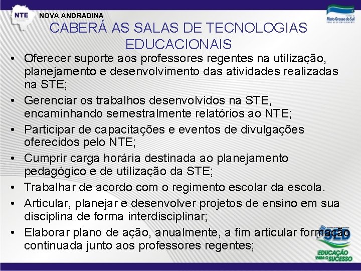 NOVA ANDRADINA CABERÁ AS SALAS DE TECNOLOGIAS EDUCACIONAIS • Oferecer suporte aos professores regentes