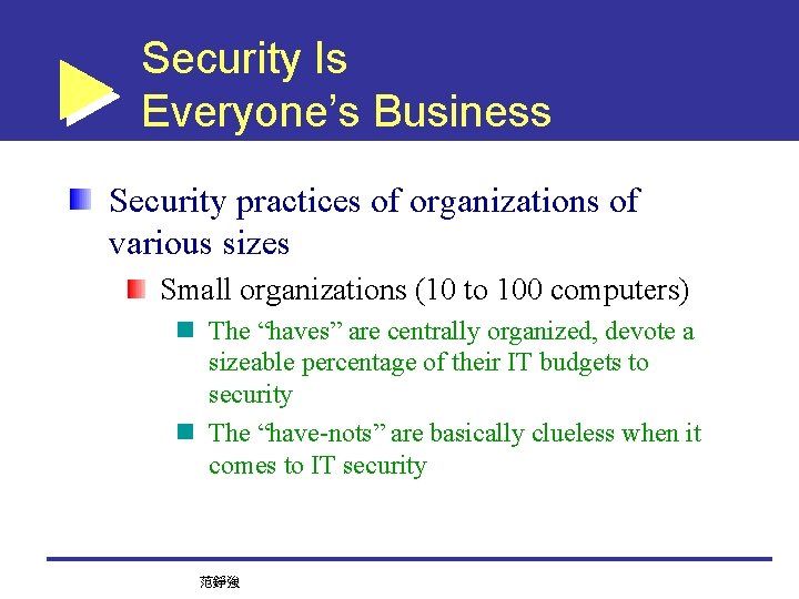 Security Is Everyone’s Business Security practices of organizations of various sizes Small organizations (10