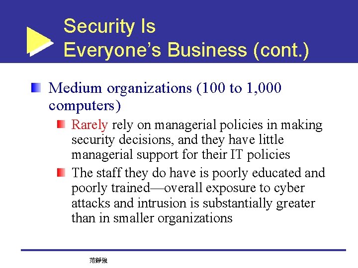 Security Is Everyone’s Business (cont. ) Medium organizations (100 to 1, 000 computers) Rarely