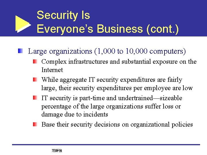 Security Is Everyone’s Business (cont. ) Large organizations (1, 000 to 10, 000 computers)