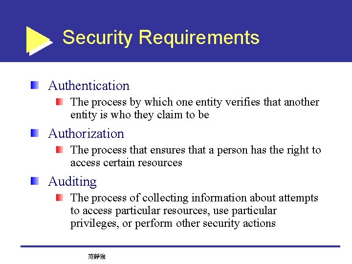 Security Requirements Authentication The process by which one entity verifies that another entity is