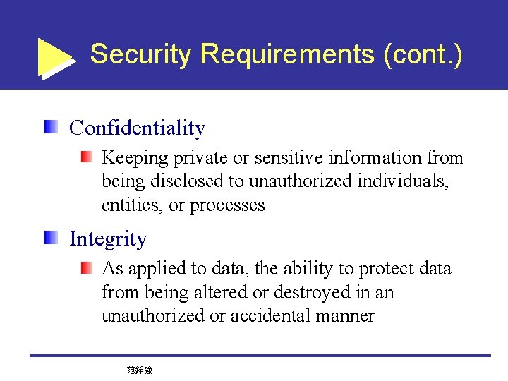 Security Requirements (cont. ) Confidentiality Keeping private or sensitive information from being disclosed to