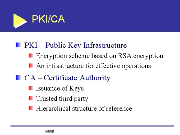 PKI/CA PKI – Public Key Infrastructure Encryption scheme based on RSA encryption An infrastructure