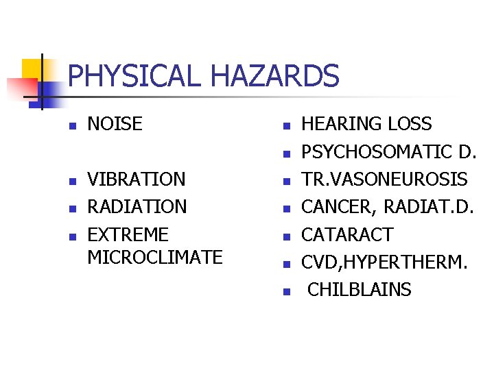 PHYSICAL HAZARDS n NOISE n n n VIBRATION RADIATION EXTREME MICROCLIMATE n n n