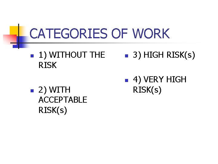 CATEGORIES OF WORK n 1) WITHOUT THE RISK n n n 2) WITH ACCEPTABLE