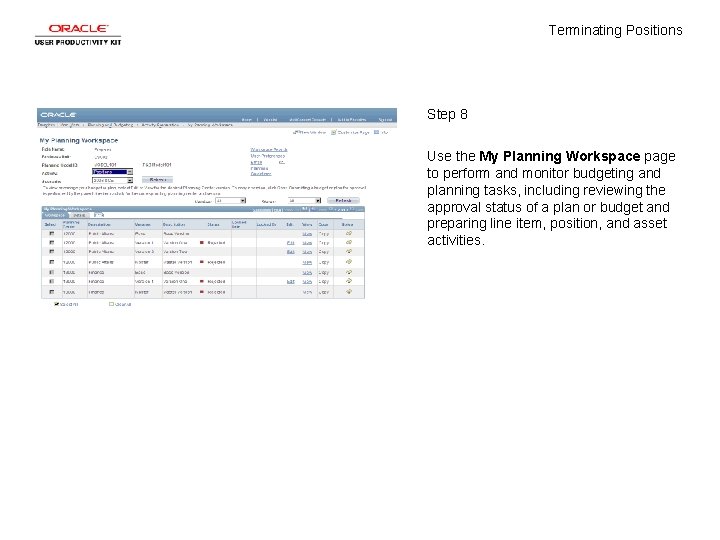 Terminating Positions Step 8 Use the My Planning Workspace page to perform and monitor