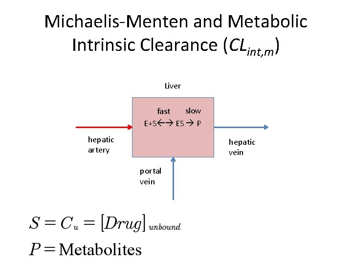 Michaelis-Menten and Metabolic Intrinsic Clearance (CLint, m) Liver slow fast E+S ES P hepatic