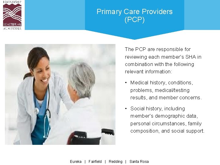 Primary Care Providers (PCP) The PCP are responsible for reviewing each member’s SHA in