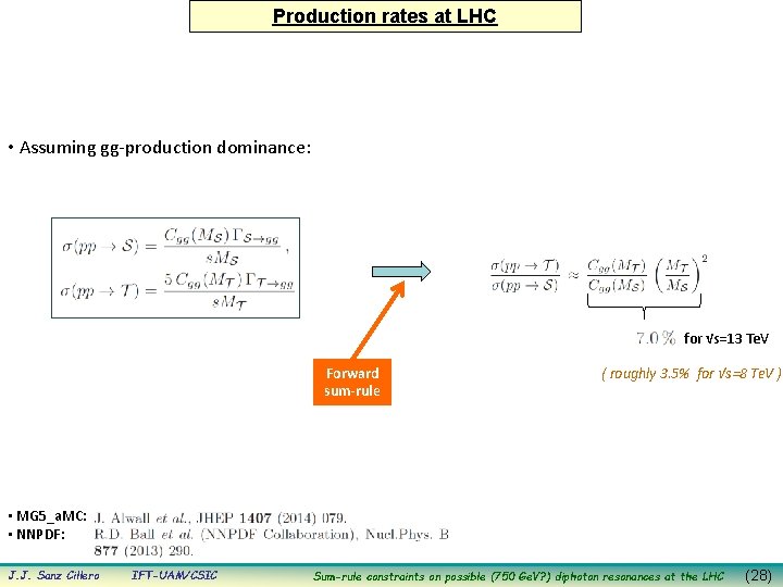 Production rates at LHC • Assuming gg-production dominance: for √s=13 Te. V Forward sum-rule