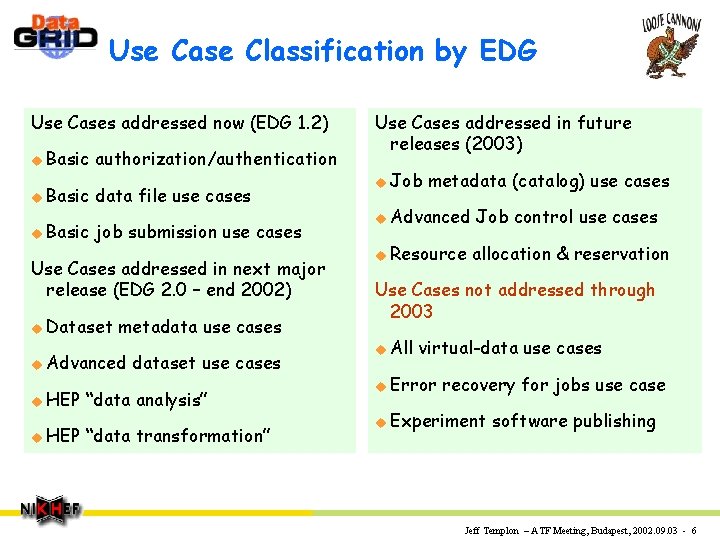 Use Case Classification by EDG Use Cases addressed now (EDG 1. 2) u Basic