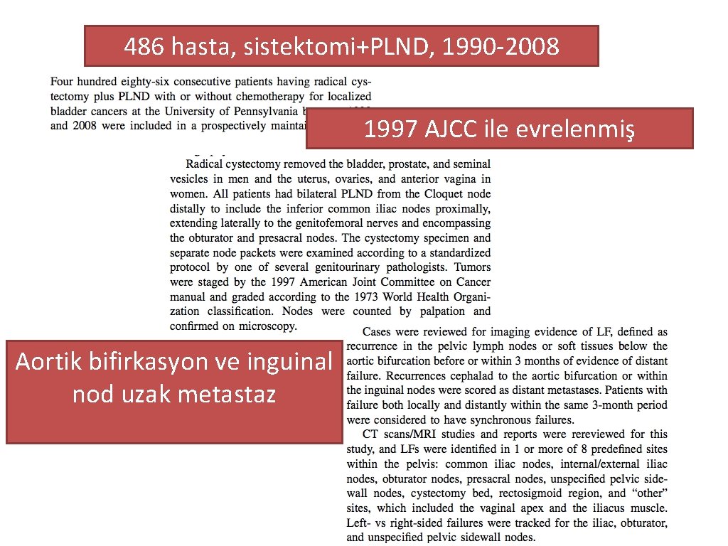 486 hasta, sistektomi+PLND, 1990 -2008 1997 AJCC ile evrelenmiş Aortik bifirkasyon ve inguinal nod