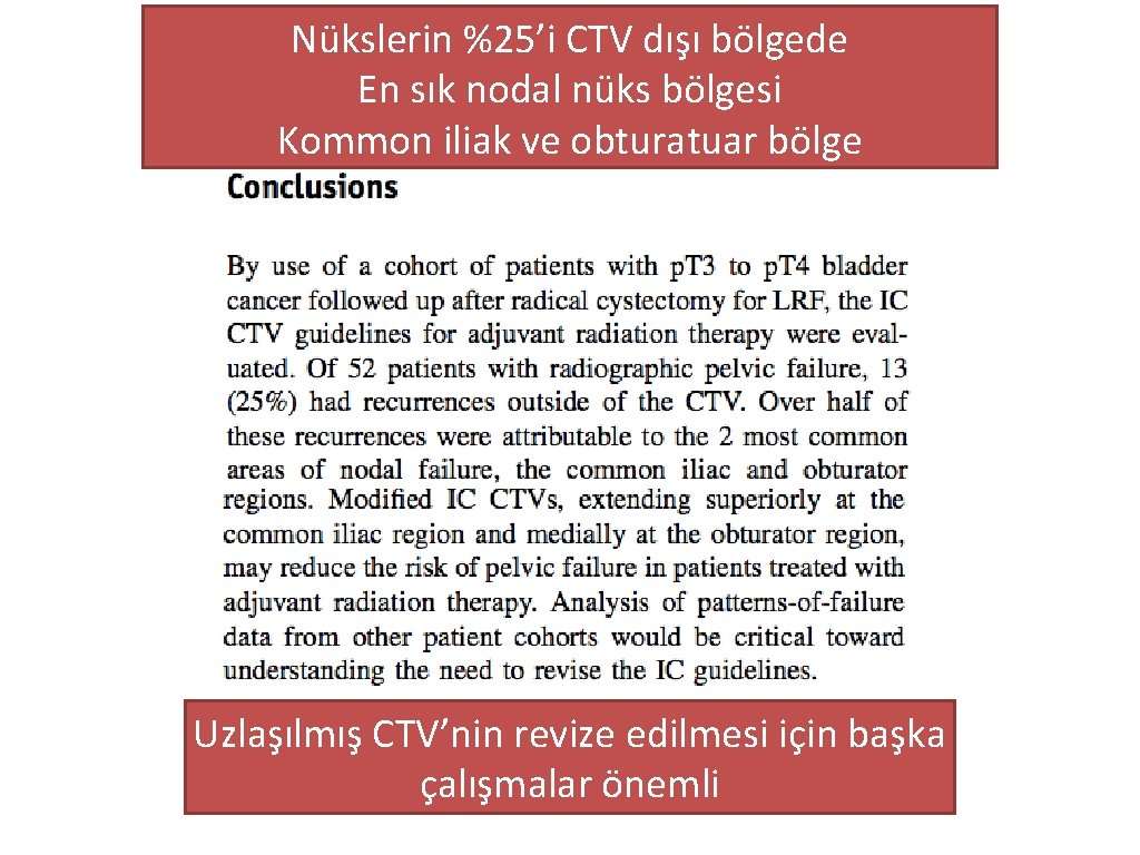 Nükslerin %25’i CTV dışı bölgede En sık nodal nüks bölgesi Kommon iliak ve obturatuar