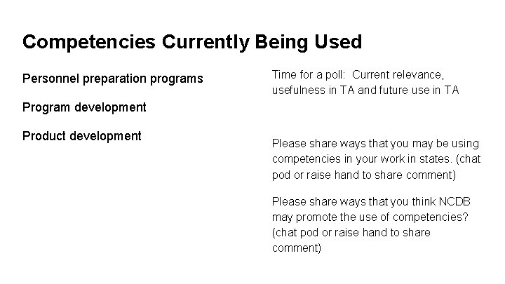 Competencies Currently Being Used Personnel preparation programs Time for a poll: Current relevance, usefulness