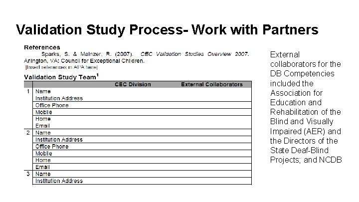 Validation Study Process- Work with Partners External collaborators for the DB Competencies included the