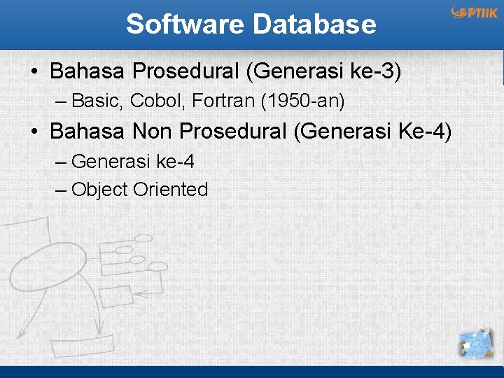 Software Database • Bahasa Prosedural (Generasi ke-3) – Basic, Cobol, Fortran (1950 -an) •