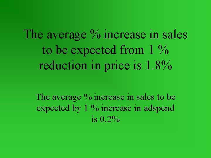 The average % increase in sales to be expected from 1 % reduction in
