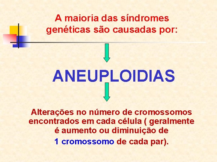 A maioria das síndromes genéticas são causadas por: ANEUPLOIDIAS Alterações no número de cromossomos