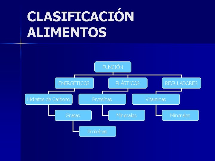 CLASIFICACIÓN ALIMENTOS FUNCIÓN ENERGÉTICOS Hidratos de Carbono PLÁSTICOS Vitaminas Proteínas Grasas Minerales Proteínas REGULADORES