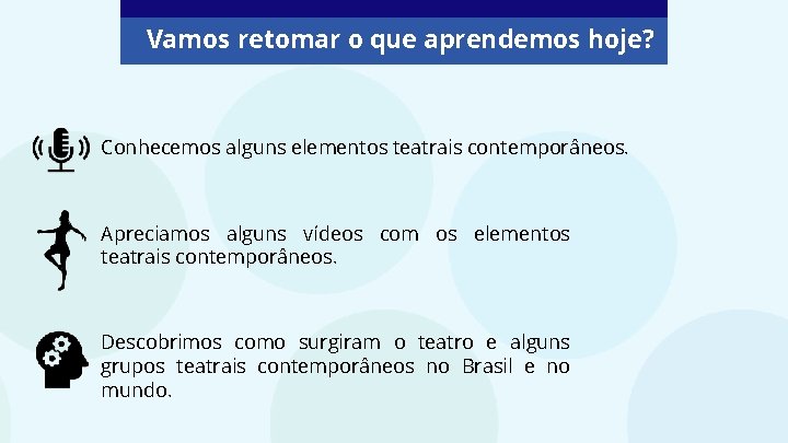 Vamos retomar o que aprendemos hoje? Conhecemos alguns elementos teatrais contemporâneos. Apreciamos alguns vídeos