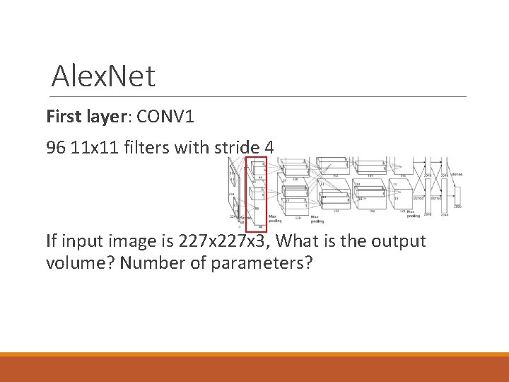 Alex. Net First layer: CONV 1 96 11 x 11 filters with stride 4