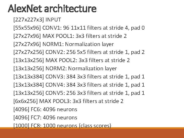 Alex. Net architecture [227 x 3] INPUT [55 x 96] CONV 1: 96 11