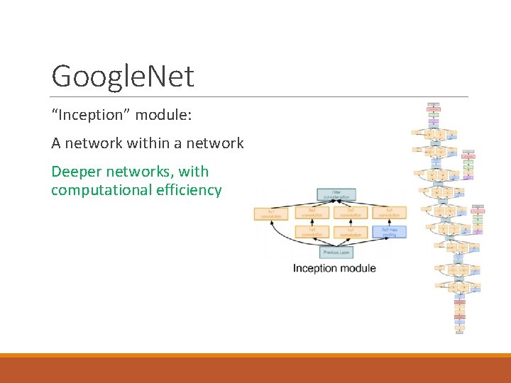 Google. Net “Inception” module: A network within a network Deeper networks, with computational efficiency