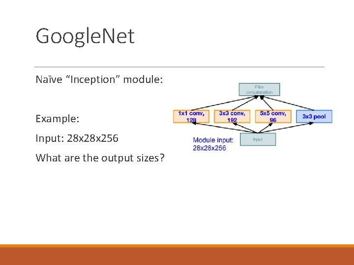 Google. Net Naïve “Inception” module: Example: Input: 28 x 256 What are the output