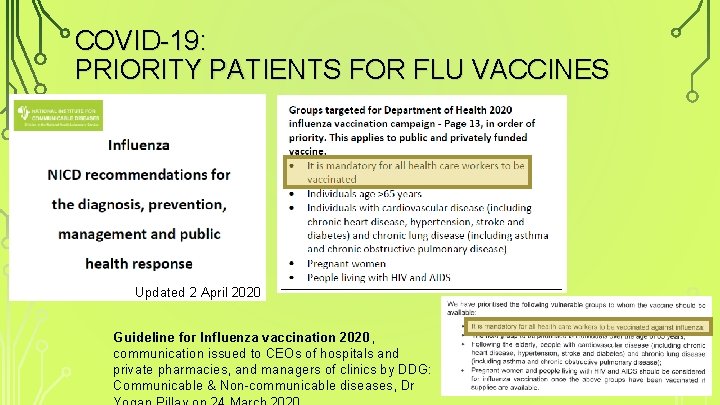COVID-19: PRIORITY PATIENTS FOR FLU VACCINES Updated 2 April 2020 Guideline for Influenza vaccination
