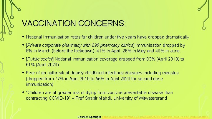 VACCINATION CONCERNS: • • National immunisation rates for children under five years have dropped