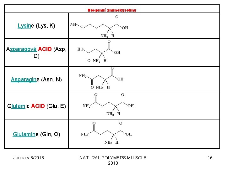 Biogenní aminokyseliny Lysine (Lys, K) Asparagová ACID (Asp, D) Asparagine (Asn, N) Glutamic ACID