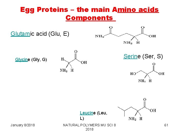 Egg Proteins – the main Amino acids Components Glutamic acid (Glu, E) Serine (Ser,