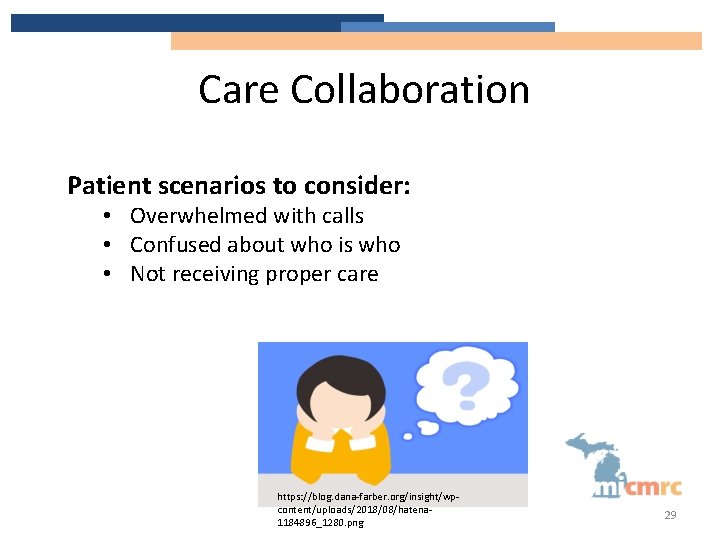Care Collaboration Patient scenarios to consider: • Overwhelmed with calls • Confused about who
