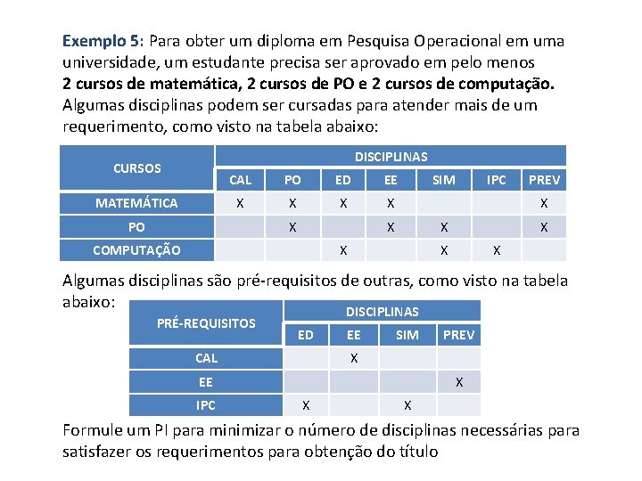 Exemplo 5: Para obter um diploma em Pesquisa Operacional em uma universidade, um estudante