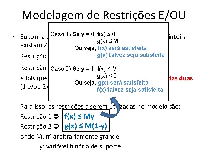 Modelagem de Restrições E/OU • Note que: Caso Se modelo y = 0, f(x)de