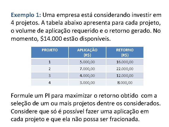 Exemplo 1: Uma empresa está considerando investir em 4 projetos. A tabela abaixo apresenta