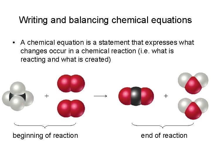 Writing and balancing chemical equations • A chemical equation is a statement that expresses