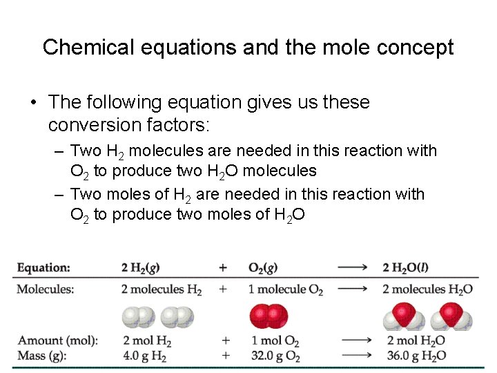 Chemical equations and the mole concept • The following equation gives us these conversion