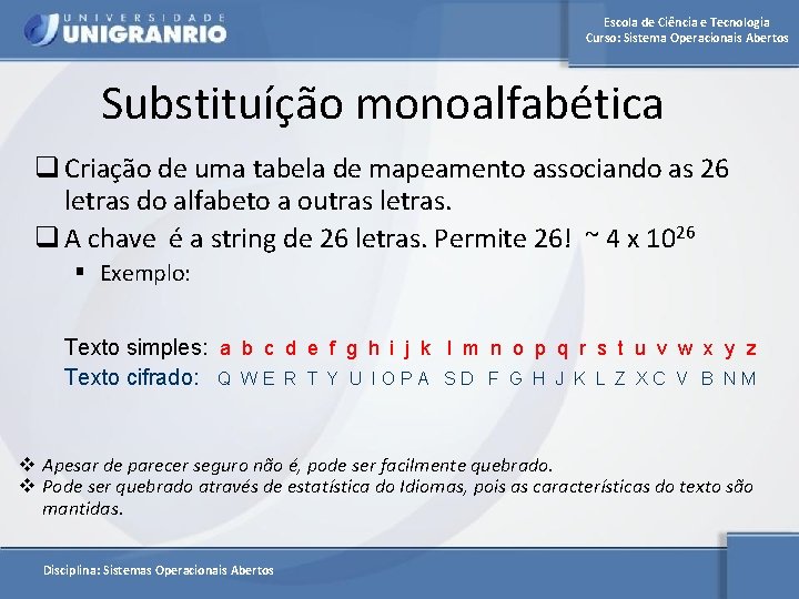 Escola de Ciência e Tecnologia Curso: Sistema Operacionais Abertos Substituíção monoalfabética q Criação de