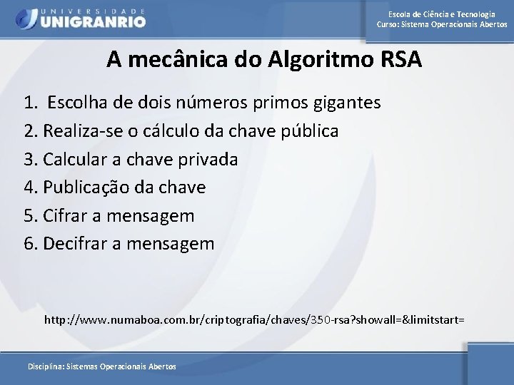 Escola de Ciência e Tecnologia Curso: Sistema Operacionais Abertos A mecânica do Algoritmo RSA