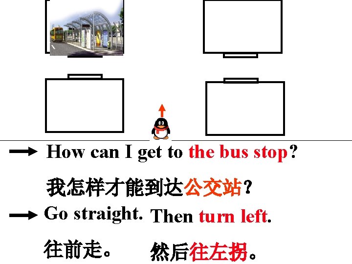 How can I get to the bus stop? 我怎样才能到达公交站？ Go straight. Then turn left.