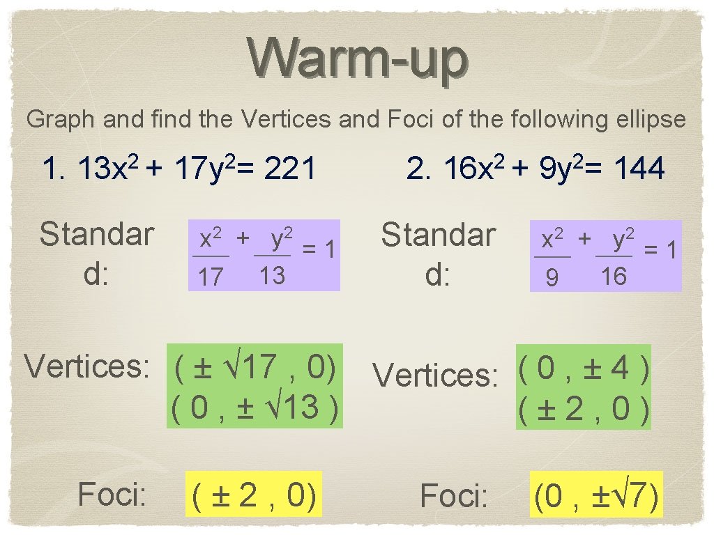 Warm-up Graph and find the Vertices and Foci of the following ellipse 1. 2