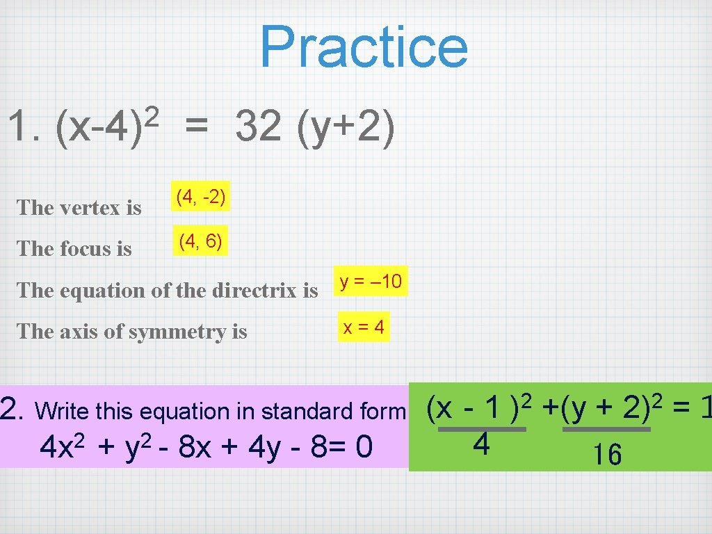 Practice 1. 2 (x-4) = 32 (y+2) The vertex is (4, -2) The focus