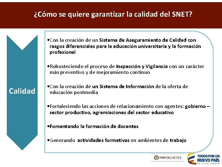 ¿Cómo se quiere garantizar la calidad del SNET? • Con la creación de un