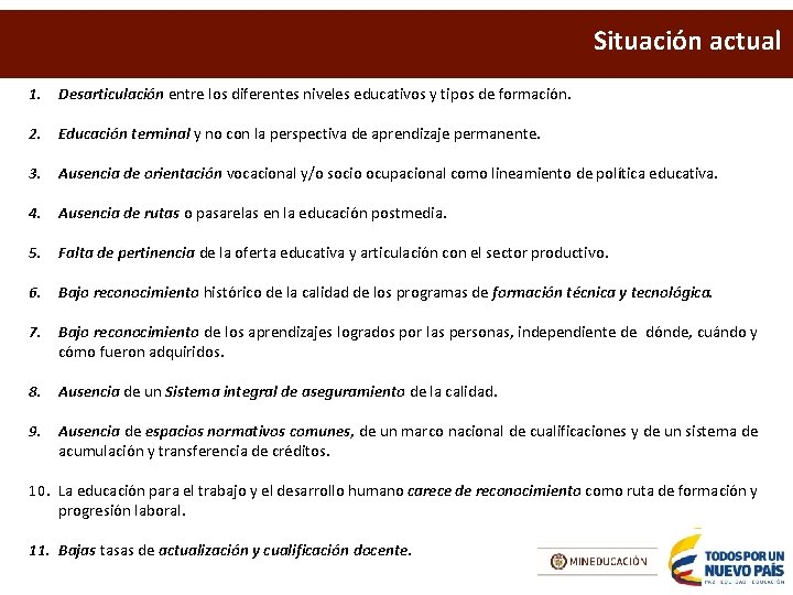 Situación actual 1. Desarticulación entre los diferentes niveles educativos y tipos de formación. 2.