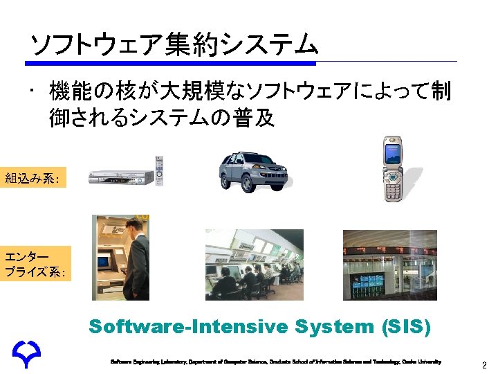 ソフトウェア集約システム • 機能の核が大規模なソフトウェアによって制 御されるシステムの普及 組込み系： エンター プライズ系： Software-Intensive System (SIS) Software Engineering Laboratory, Department