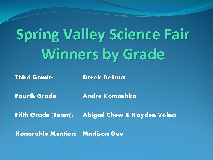 Spring Valley Science Fair Winners by Grade Third Grade: Derek Delima Fourth Grade: Andre