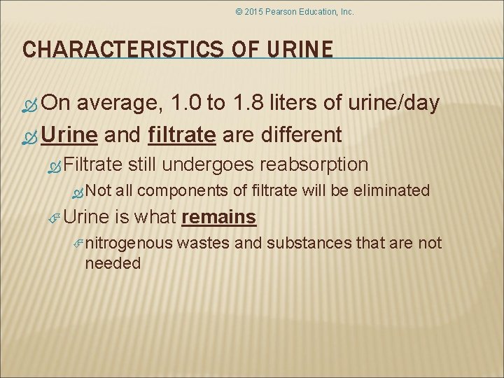 © 2015 Pearson Education, Inc. CHARACTERISTICS OF URINE On average, 1. 0 to 1.